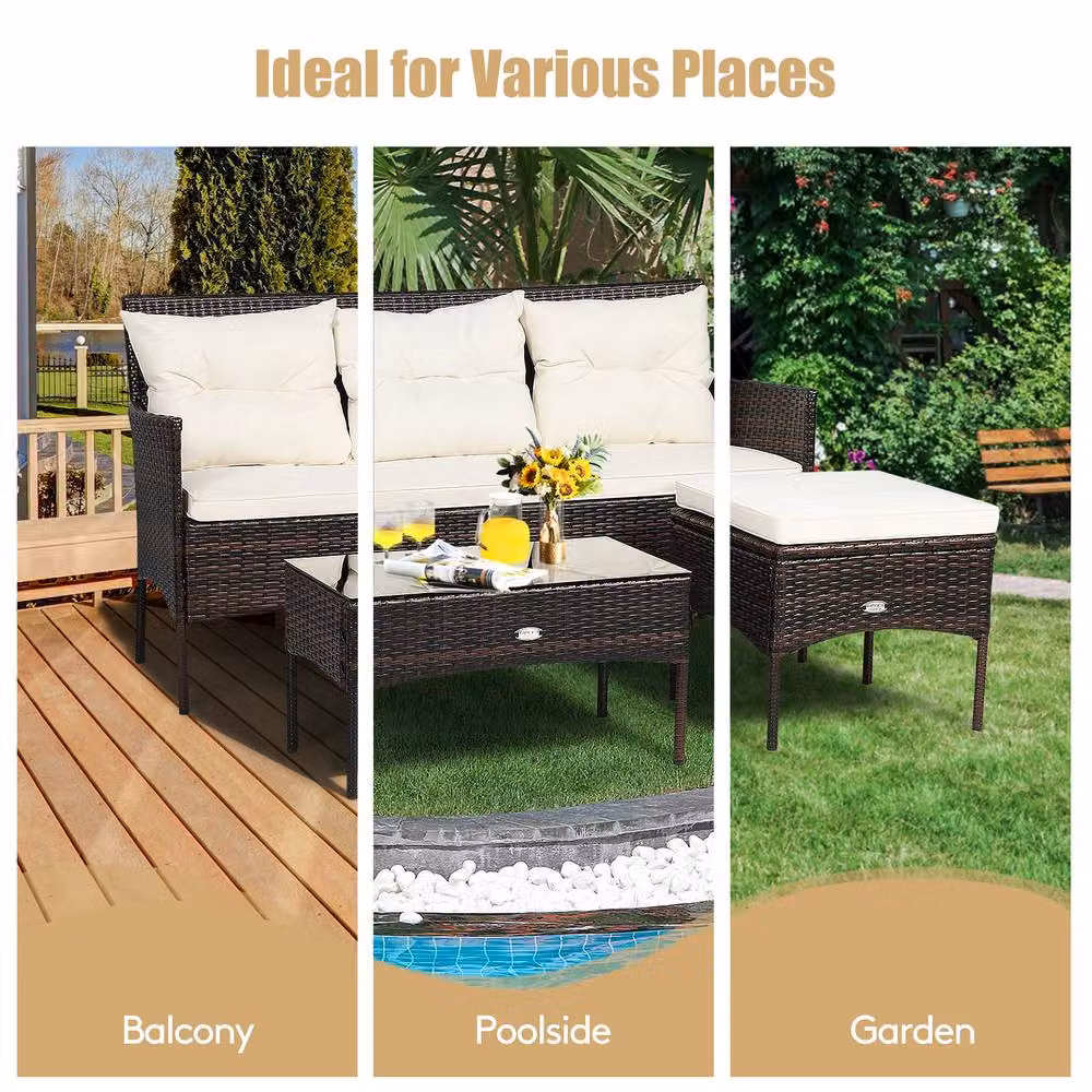 Costway 3-Piece White Polyrattan Patio Conversation Set with Upholstered Cushions, Outdoor 3-Seater Sofa, Coffee Table and Ottoman – 7
