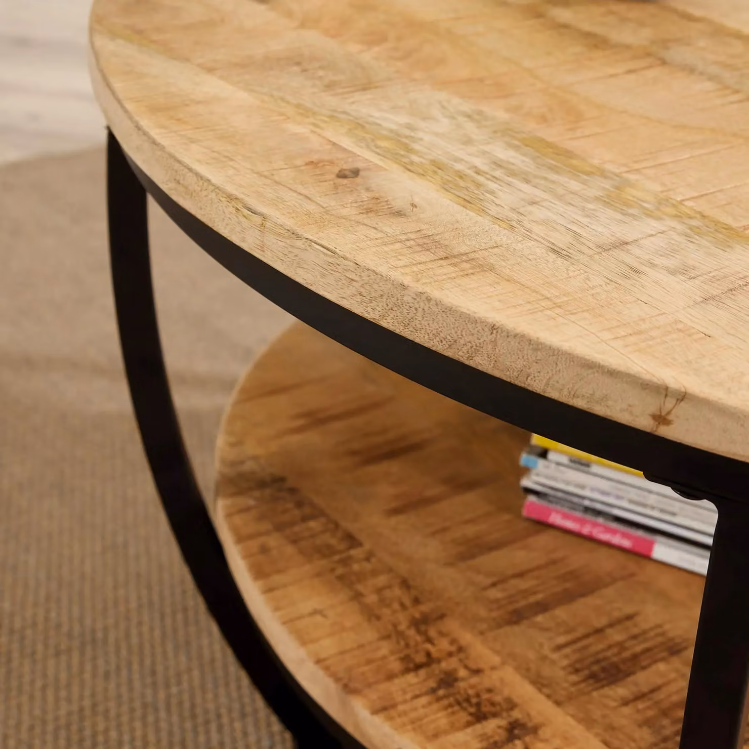 Home Source Cage Style Round Coffee Table with Mango Wood Top and Black Iron Frame – 5