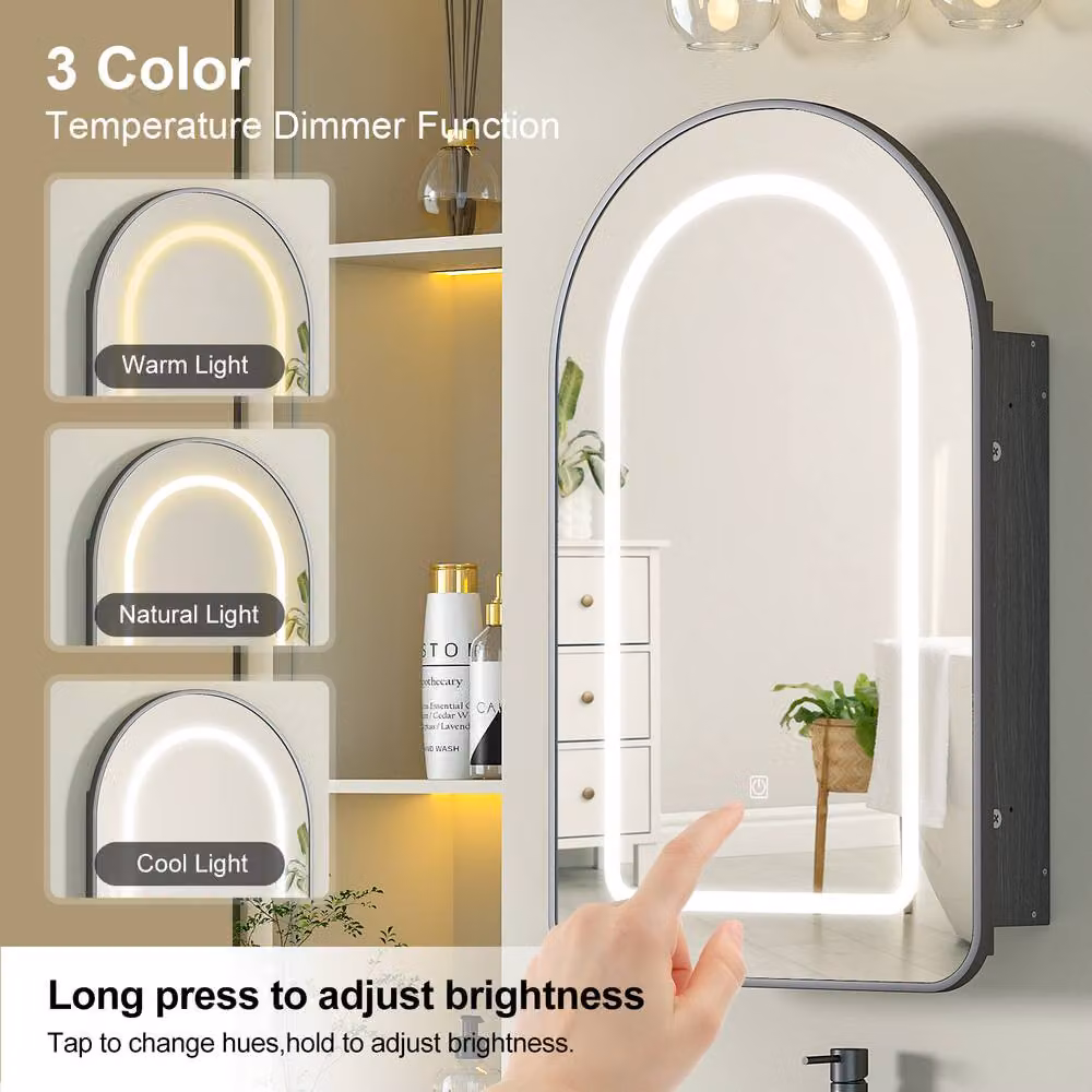 KEEPREAPER Arched LED Bathroom Mirror Cabinet in Matt Black with 2 Glass Shelves, W: 42 cm, H: 68 cm – 4