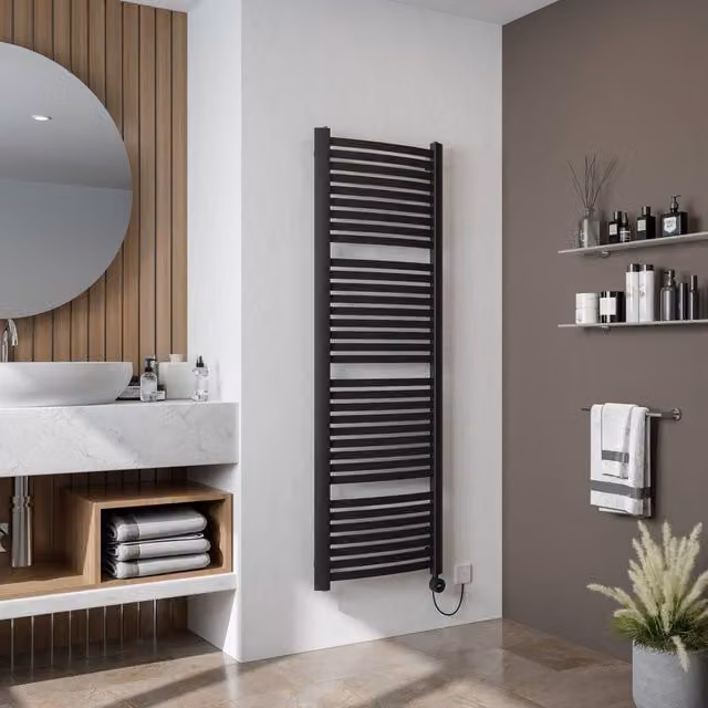 Bathroom Kingdom Fino Electric Curved Heated Towel Rail, Black, W: 58.0 cm, H: 76.5 cm