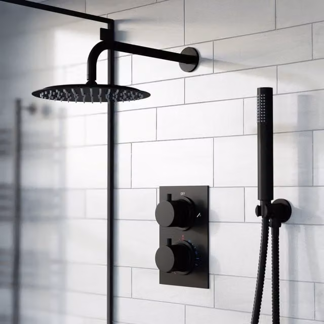 Nes Home Matte Black 2-Way Round Concealed Thermostatic Shower Set with Overhead and Handheld Shower Heads