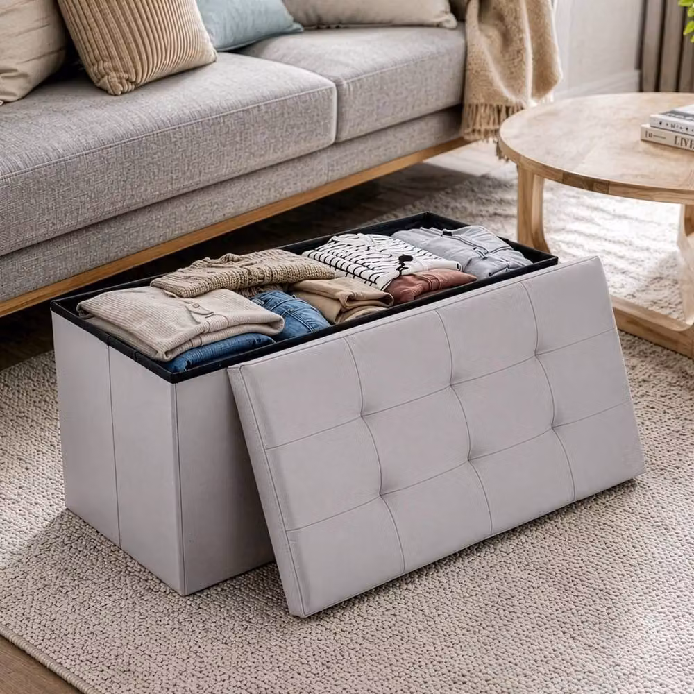 KORVIXA Light Grey Faux Leather Foldable Storage Ottoman W/D/H: 76 x 37 x 37 cm – 3