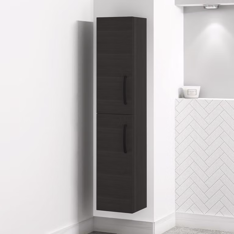 Royal Bathrooms Modern Turin Charcoal Oak 2-Door Wall Hung Tall Boy Bathroom Cabinet with Matt Black Handles, Height: 145 cm