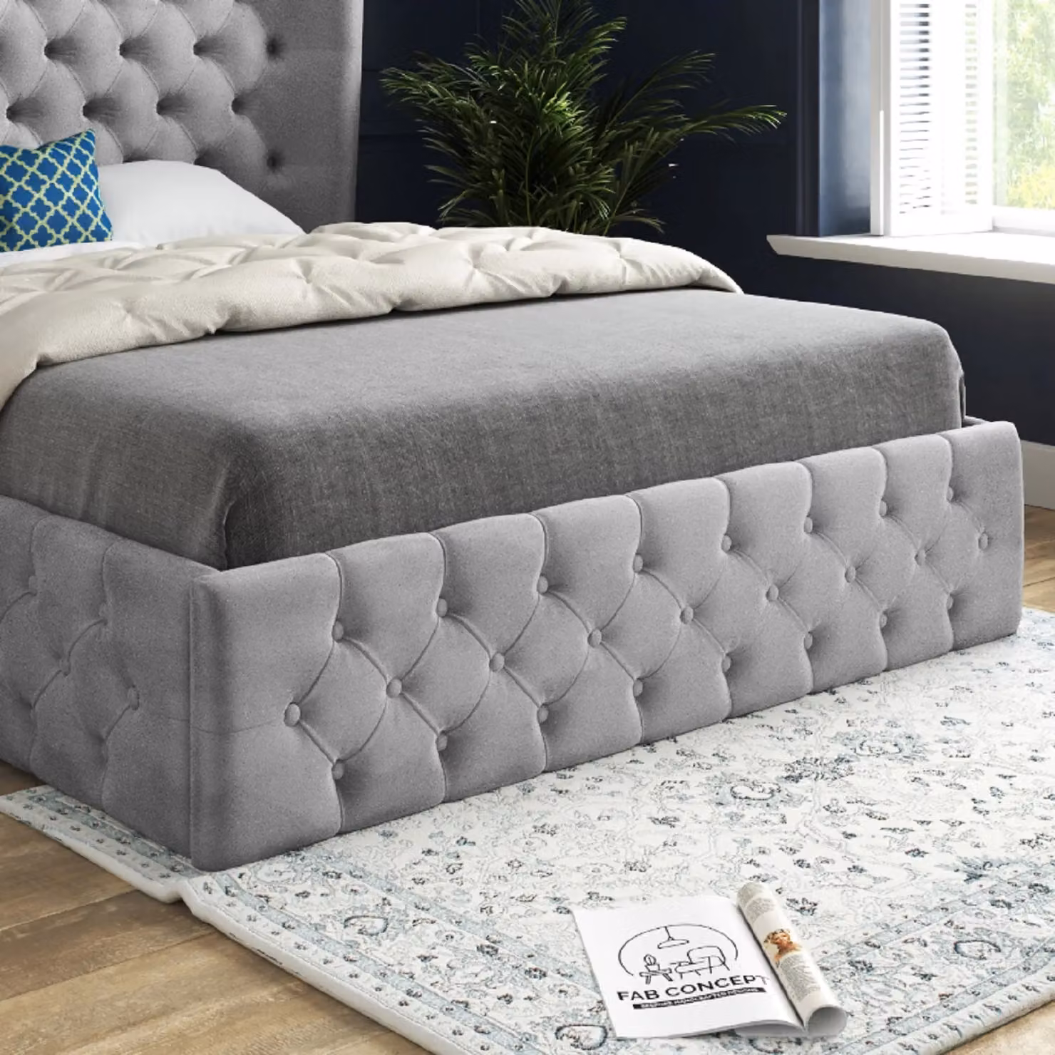Casani Florence Wide Winged Upholstered Soft Velvet Bed Frame in Grey, Size: 200 x 200 cm – 3