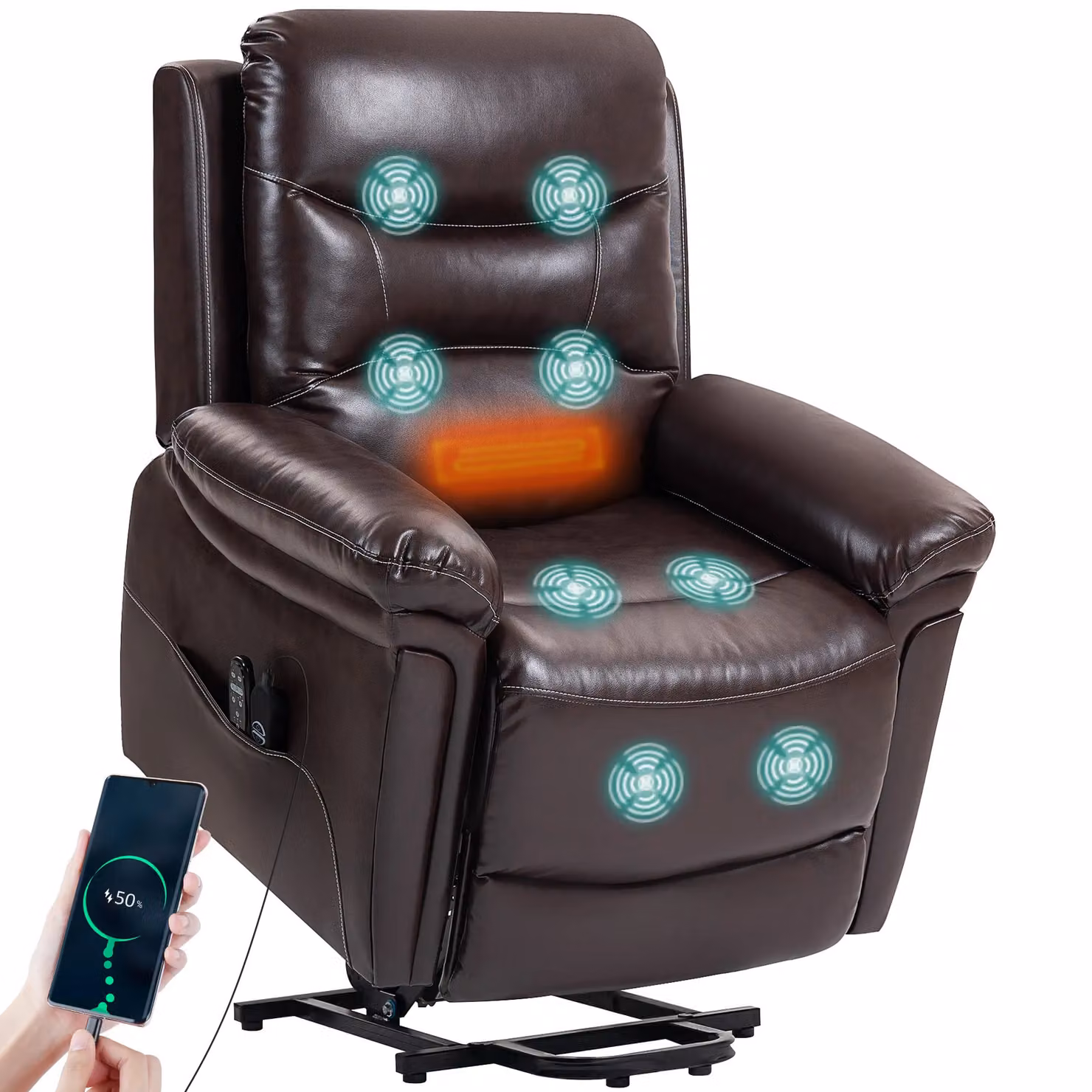 HOMCOM Power Lift Recliner Chair with Massage and Heat in Brown Synthetic Leather – 2