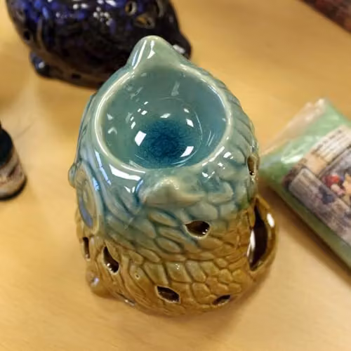 Ancient Wisdom KDMD Classic Rustic Ceramic Owl Oil Burner for Tealights in Brown and Multicolour – 4