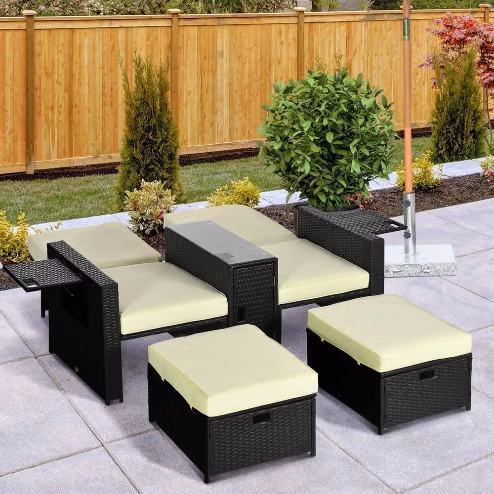 ERGOVEXA 5-Piece Black Polyrattan Sun Lounger Set with 5-Level Adjustable Headrest for Outdoor Garden Use – 3