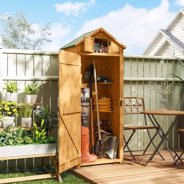 OUTSUNNY Brown Wooden Garden Storage Shed with Internal Shelving, W/D/H: 77 x 54 x 179 cm – 1