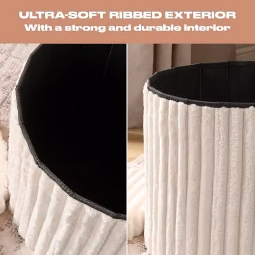 OHS Round Ribbed Storage Ottoman in Cream with Lid and Hidden Storage Space – 4