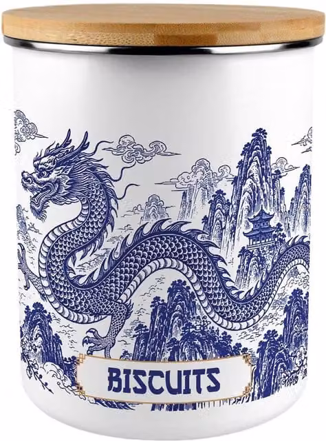 Purely Home Dragon Temple Extra Large Enamel Biscuit Tin in Blue and White