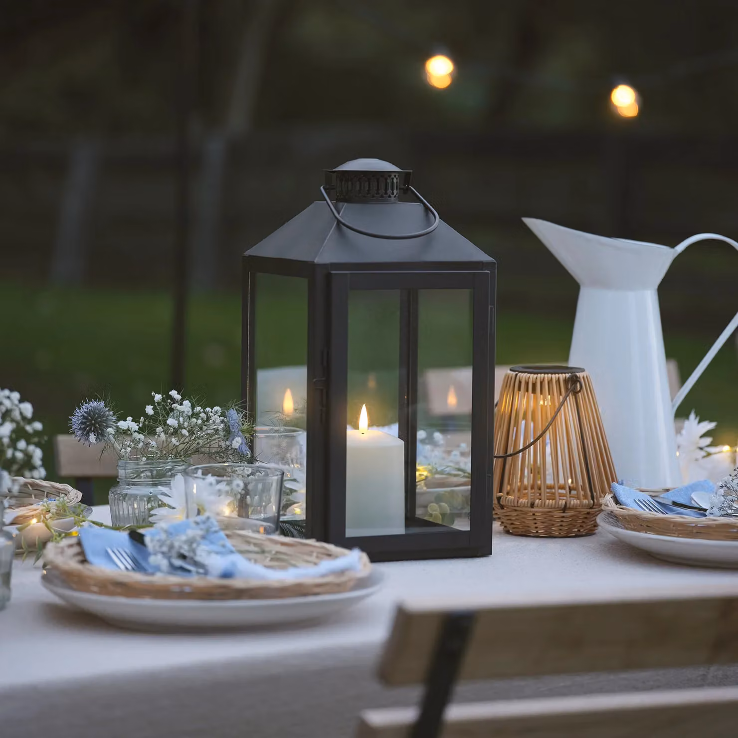 Seaton Large Metal Lantern in Black or White with TruGlow Pillar Candle and Remote Control, H: 35.0 cm x W: 18.0 cm x D: 17.0 cm
