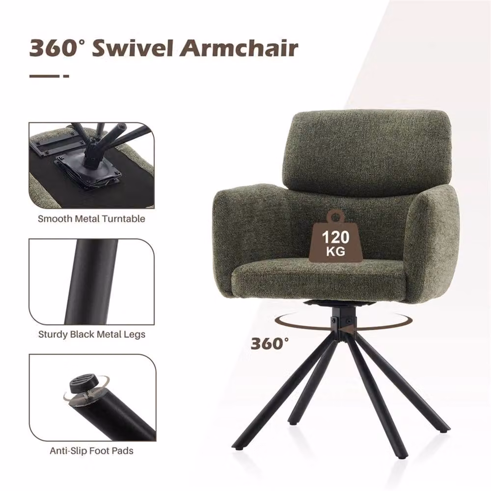 Kelvenix Green Chenille Swivel Dining Chair with Padded Seat and Metal Base – 2