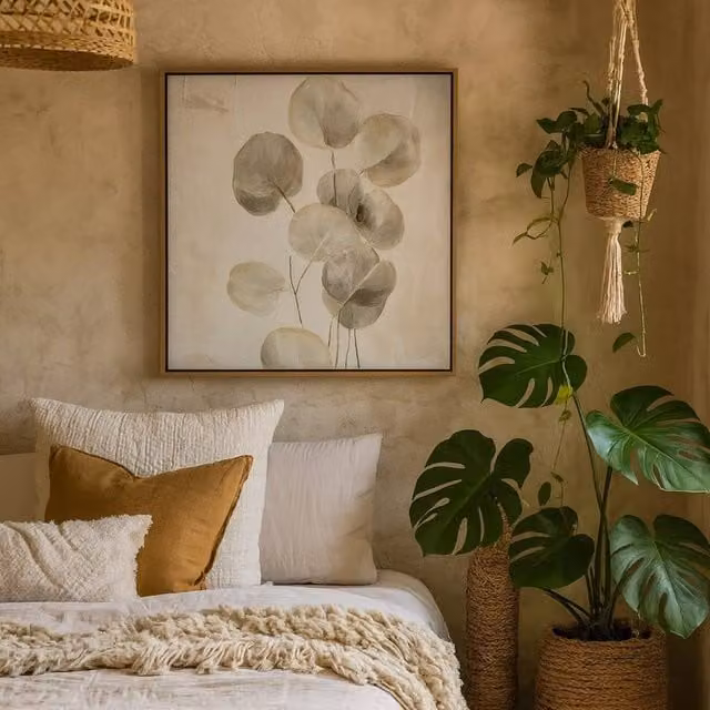 Wyld Haus Halki Square Hand Painted Eucalyptus Leaves Canvas in Wood Frame, Grey and White, W: 350 cm, H: 280 cm