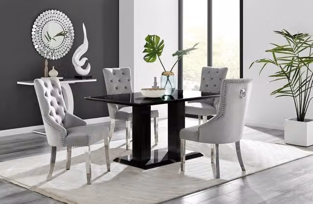 FurnitureboxUK Imperia Black Rectangular Glass Dining Table and 6 Belgravia Grey Upholstered Chairs