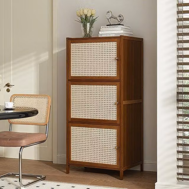 Livingandhome Minimalist 3 Tier Narrow Bookcase with Rattan and Bamboo Doors in Brown and White