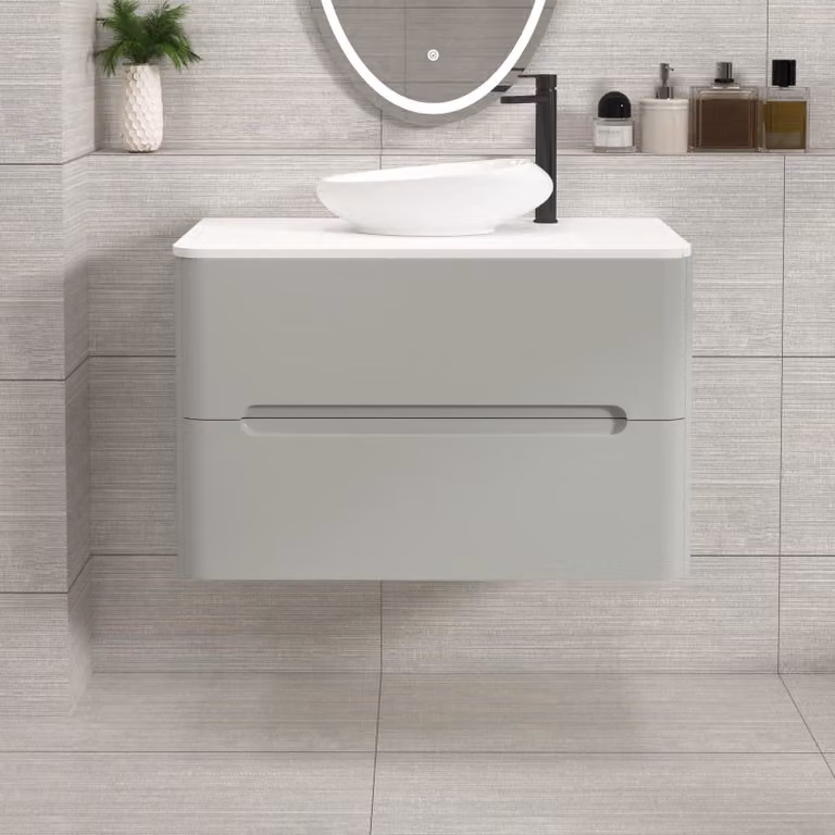 Royal Bathrooms Venice 800mm Wall Hung Vanity Unit in Dove Grey with 2 Drawers, Plain White Worktop and Nova Basin