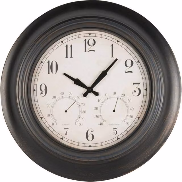Libra Interiors Black Antique Metal Outdoor Wall Clock with Analog Quartz Movement, Thermometer and Hygrometer – 1