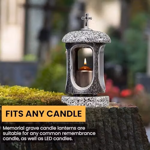 NOVECRAFTO Large Round Granite Memorial Lantern in Grey and Silver with Cross, H: 22 cm – 3