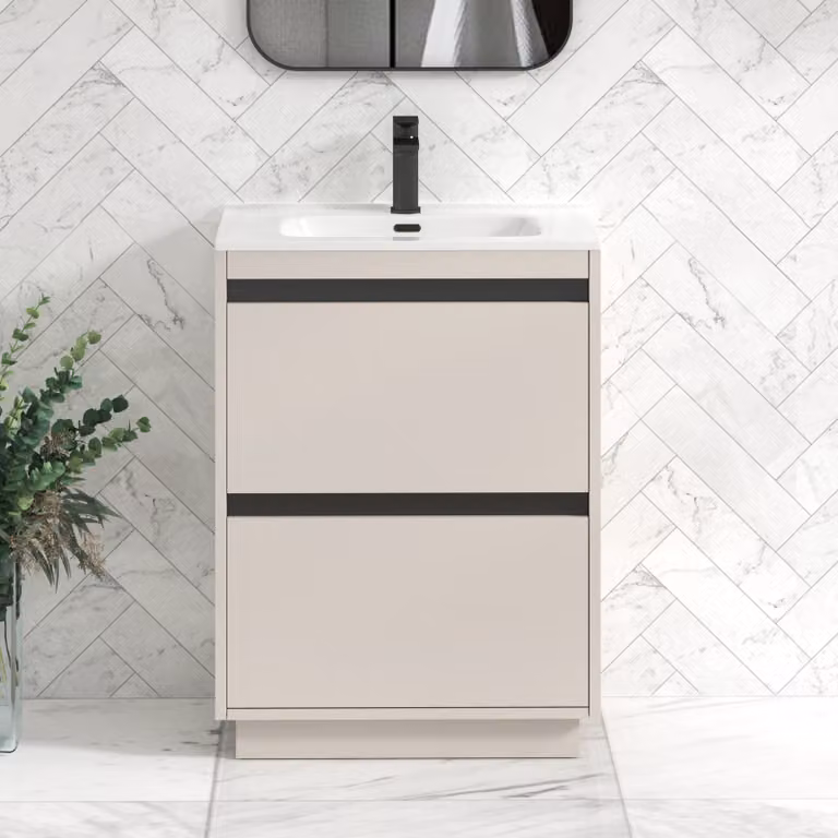 Royal Bathrooms Orion 600mm Warm Taupe 2 Drawer Floor Standing Vanity Unit with Ceramic Basin and Black Accent Trim