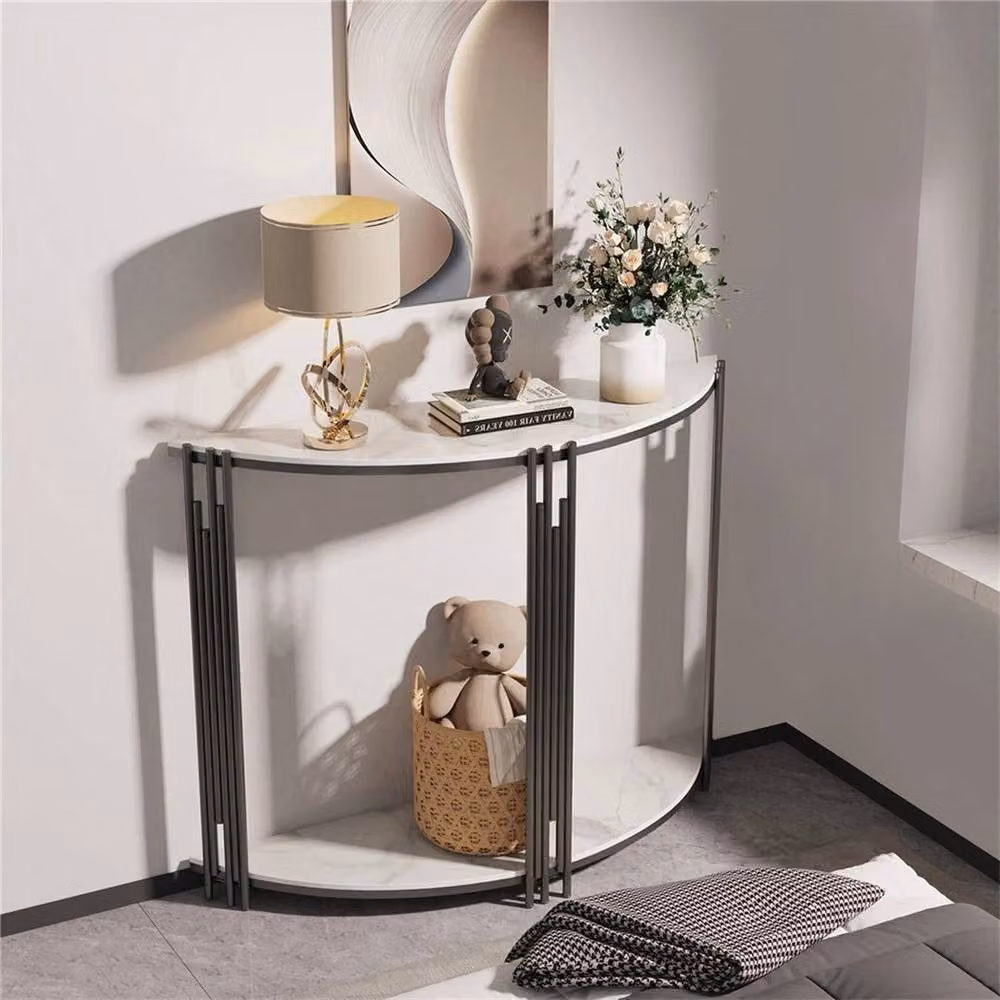 KORVIXA White Marble Half Moon Console Table with Shelf Storage, W/D/H: 100 x 100 x 1 cm – 3