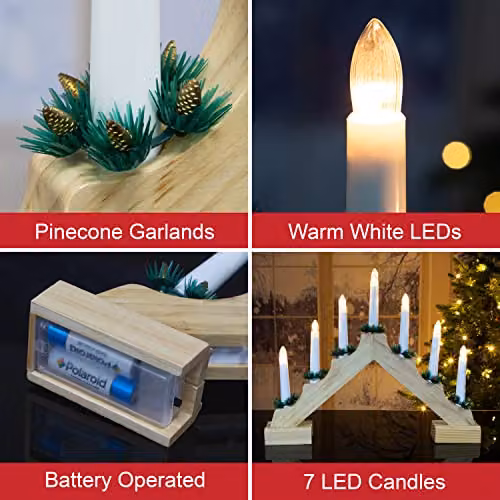 The Christmas Workshop 89470 Wooden Christmas Candle Bridge in Pine Wood Finish with 7 Warm White LED Lights, W: 40 cm, D: 33 cm, H: 5 cm – 3
