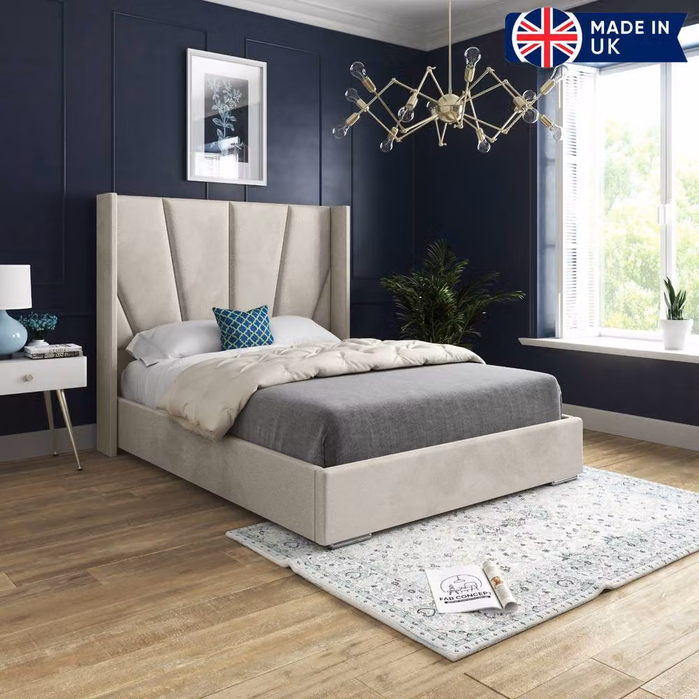 KDMD Glapthorn Wide Curved Designer Bed Frame in Beige Soft Velvet, Size: 180 x 200 cm – 3