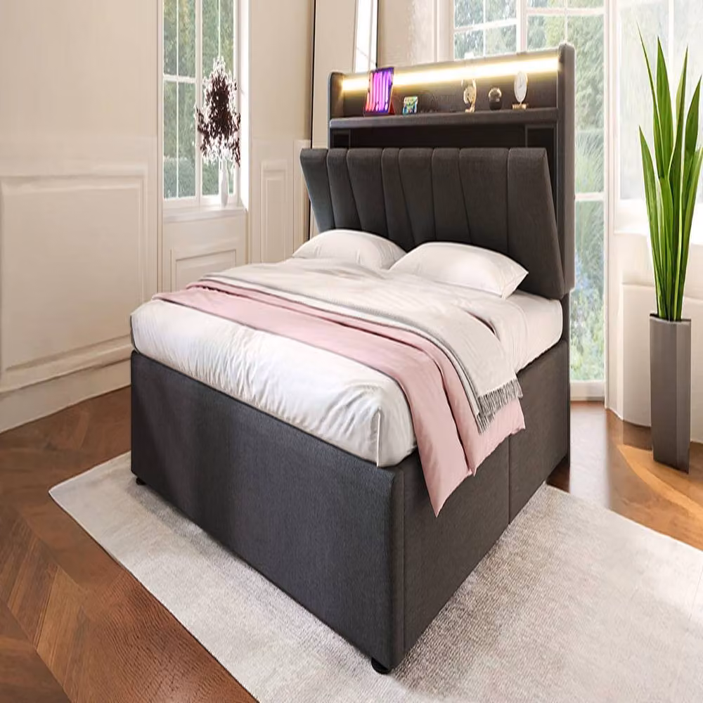 Rolipo Grey Upholstered 4ft6 Double Bed with Lift Up Storage Base, LED Underbed Lighting and USB Charging Ports, W/D/H: 140 x 200 x 137 cm – 2