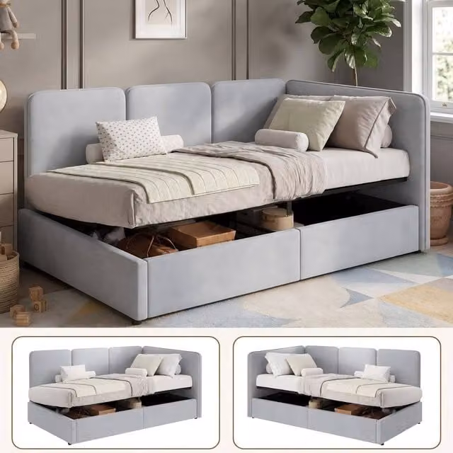 ModernLuxe Single Upholstered Ottoman Daybed with Reversible Asymmetric Chaise in Grey, W/D/H: 90 x 190 x 76.5 cm – 1