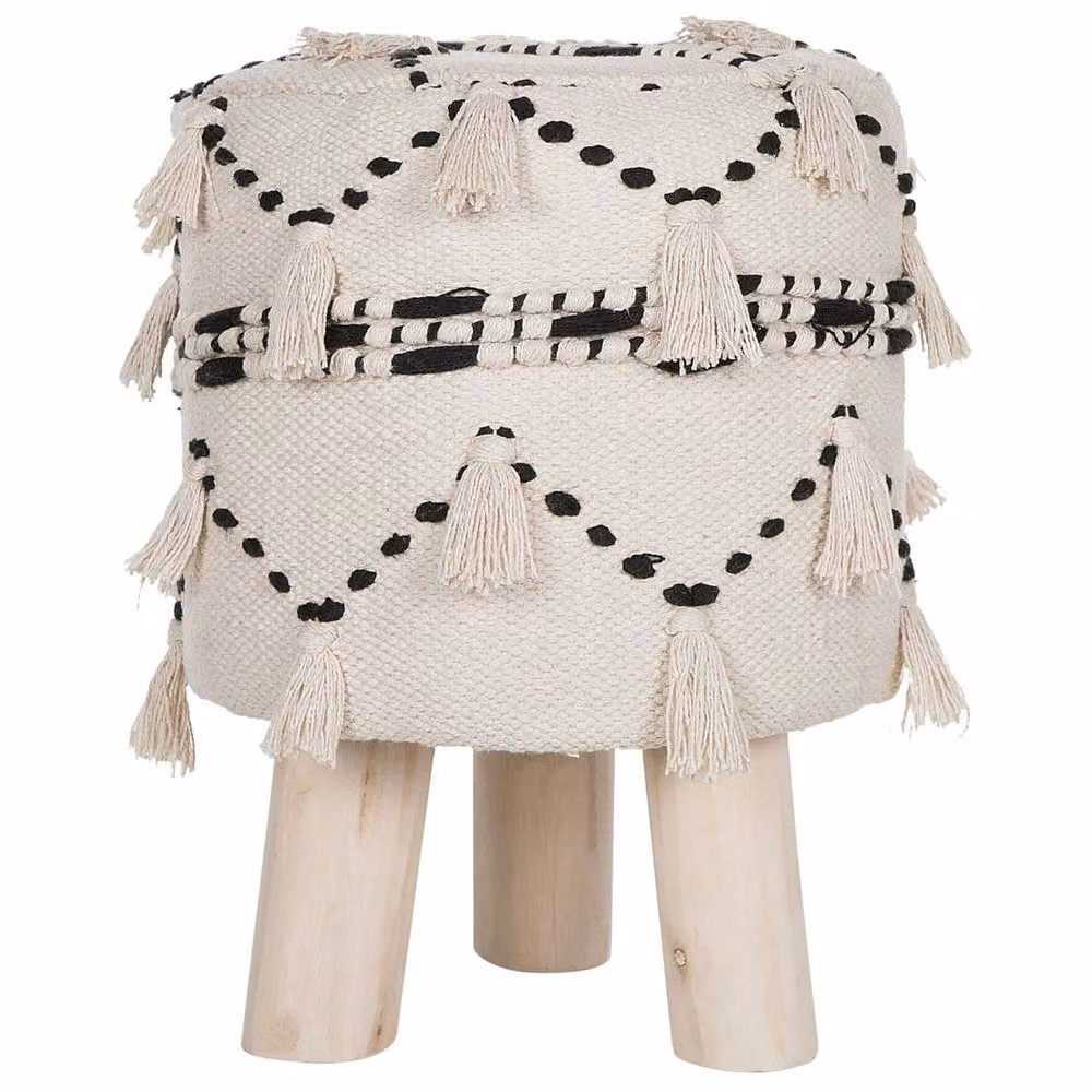 Wyld and Coco Beige Boho Cylindrical Footstool with Black Cotton Knit Tassels and Wood Frame – 2