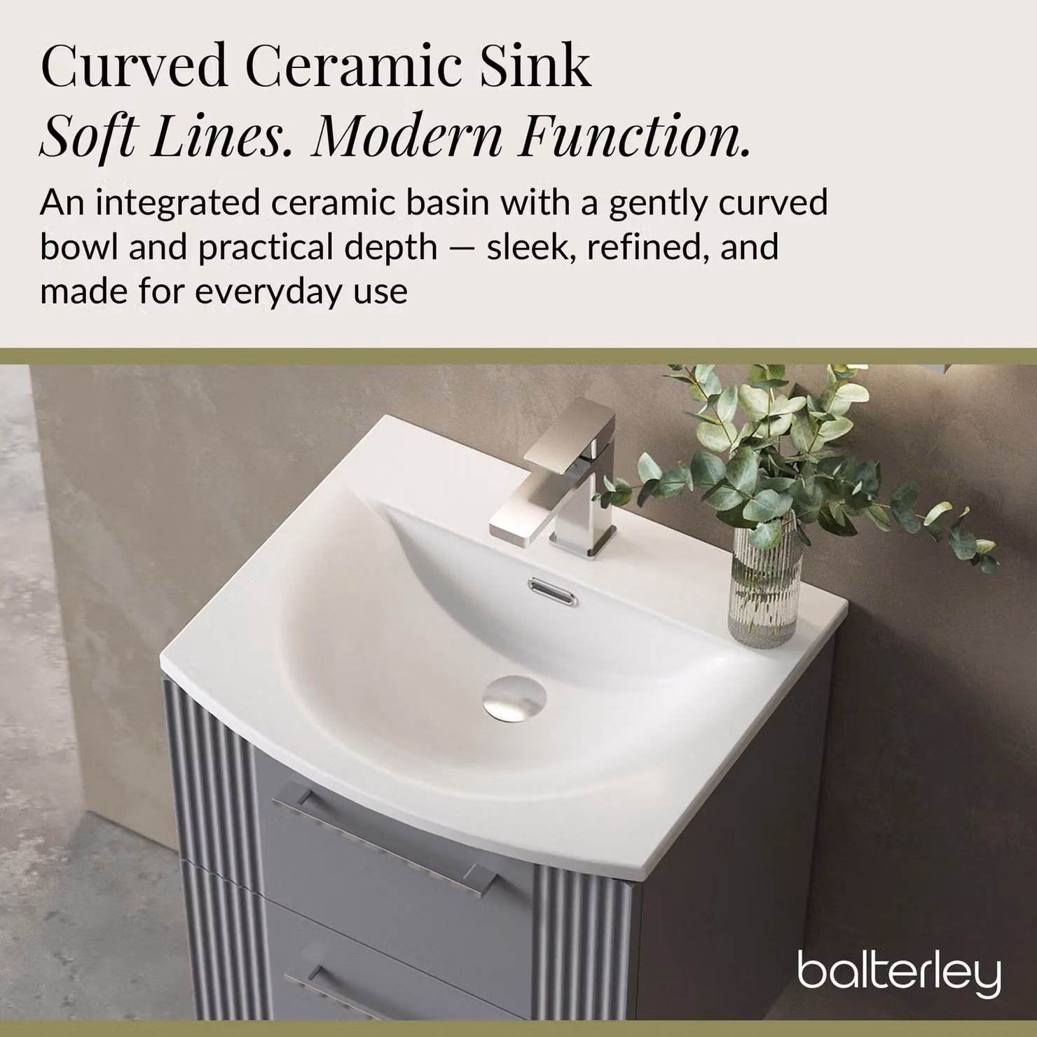 Balterley Wall Hung 2 Drawer Vanity Unit with Curved Basin, Satin Grey, Width: 50 cm – 3