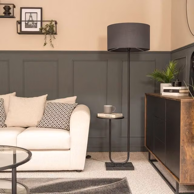 ValueLights Black Marble Base Floor Lamp with Large Grey Fabric Shade – 3