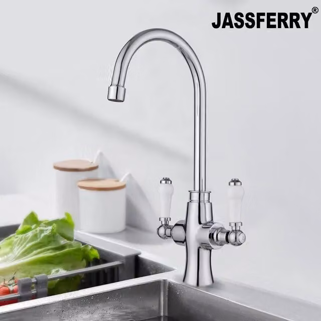 JASSFERRY Kitchen Mixer Tap with White Ceramic Dual Handles in Silver and Chrome