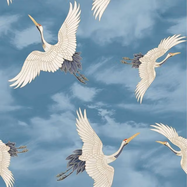 Catherine Lansfield Cranes Metallic Birds Sky Wallpaper in Blue and Gold