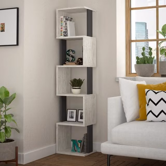 Decortie Piri Modern Five Tier Geometric Bookcase Display Unit in White and Anthracite, H 161 cm x W 30 cm