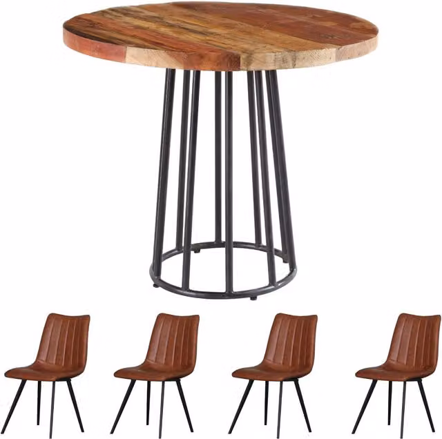 IH Design Modern Round Wood Dining Table and 4 Chairs Set in Brown and Multicolour