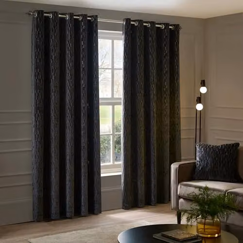 Paoletti Manhattan Charcoal Grey Velvet Geometric Eyelet Curtain Pair, W: 117 cm, H: 137 cm – 2