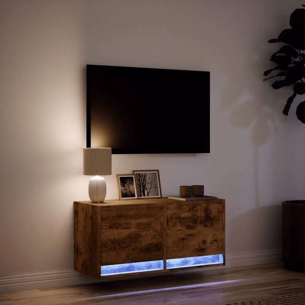 Berkfield Home TV Wall Cabinet with LED Lights in Smoked Oak Brown, W/D/H: 80 x 31 x 35 cm – 4