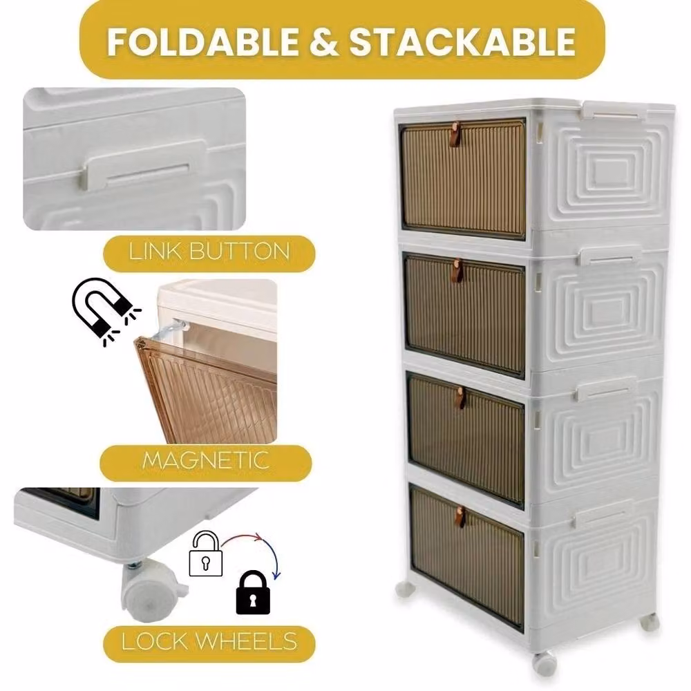 FORGEVIO 4 Tier Stackable Plastic Wardrobe Storage Box with Lid and Wheels, 92L, White, W: 50 cm, D: 50 cm, H: 80 cm – 2