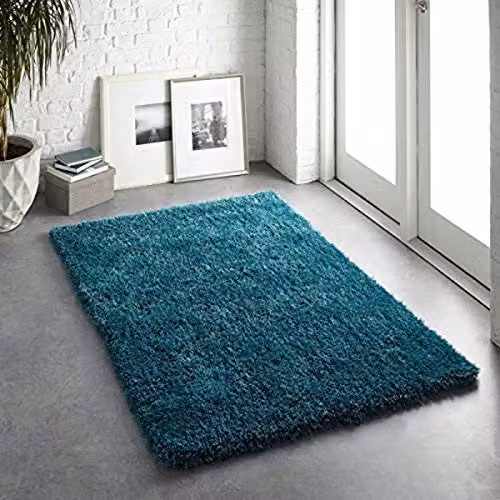 Phoenox Textiles Plain Petrol Polyester Modern Rectangular Rug