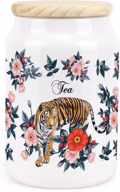 Purely Home Floral Tiger Ceramic Tea Storage Canister in Pink and White
