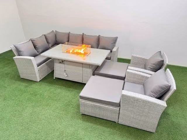 Fimous 10 Seater Outdoor Garden Dining Set with Gas Fire Pit Table and Tempered Glass Footstools in Light Grey