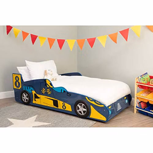 Premier Housewares Blue and Multicolour Racing Car Bed for Children with Side Compartments and Bedside Shelf, W/D/H: 90 x 190 cm – 2