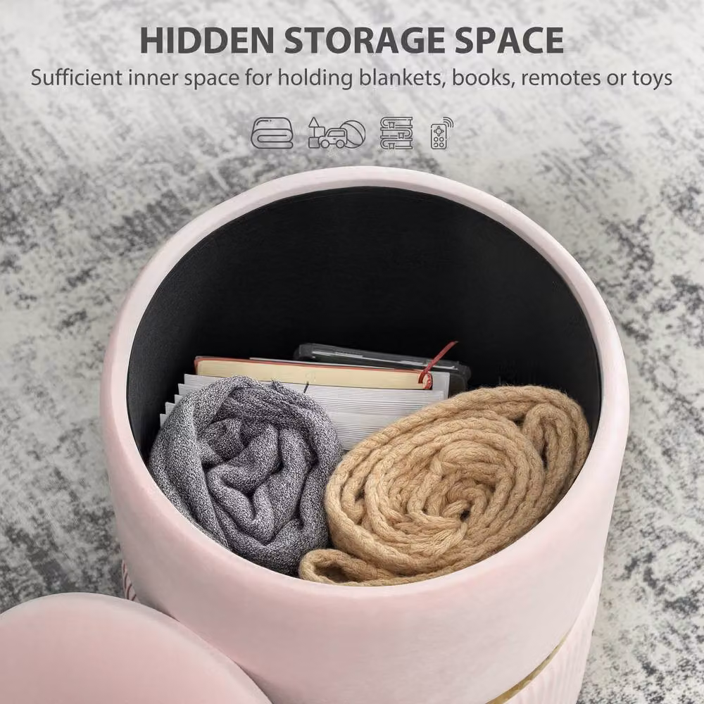 HOMCOM Round Velvet Storage Pouffe and Footstool in Pink – 3