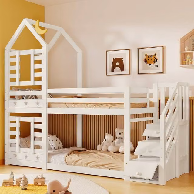 Matteo White Solid Pine Kids Bunk Bed with House Frame Design, Stairs and Storage Drawers, Single Size 90 x 190 cm – 1