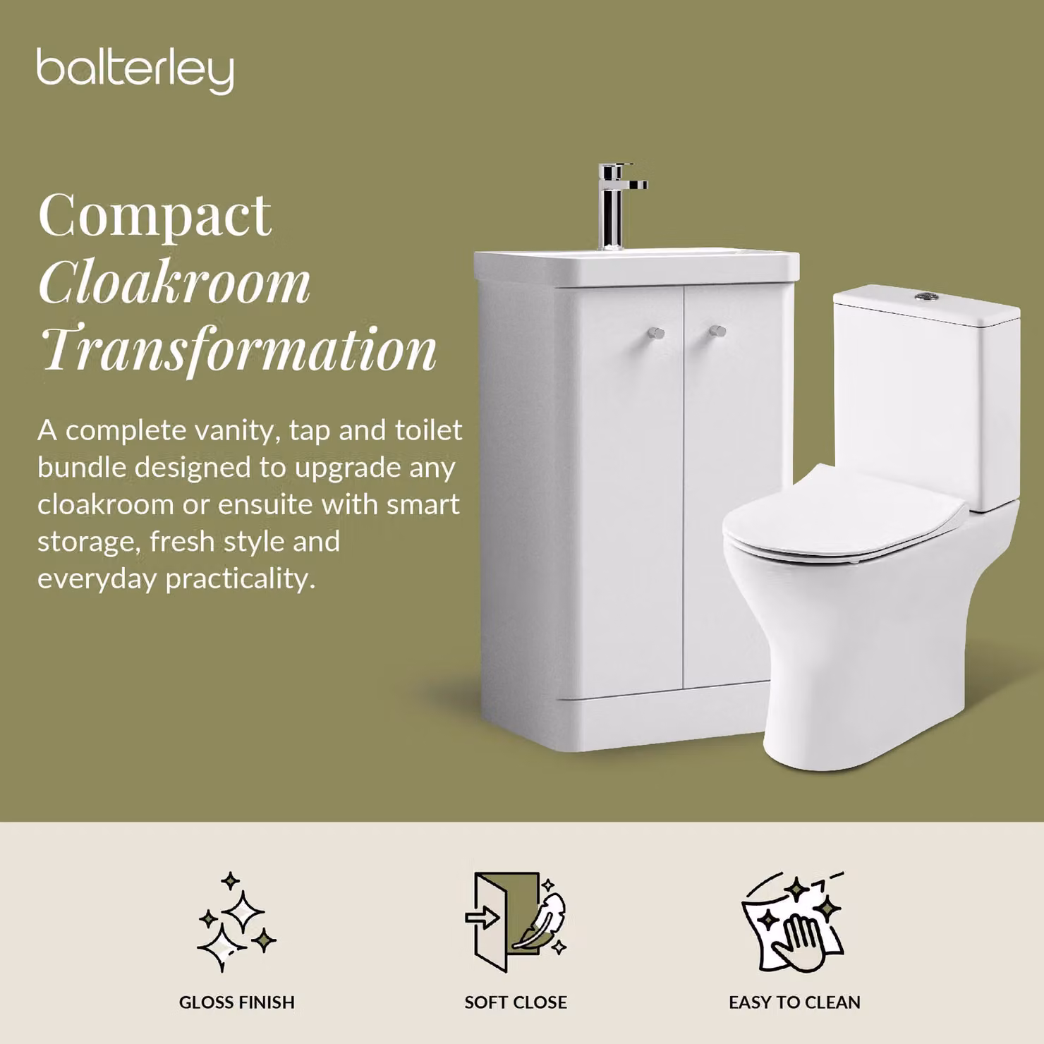 Balterley White Glossy 2 Door Freestanding Bathroom Vanity Unit with Soft Close Hinged Doors – 2