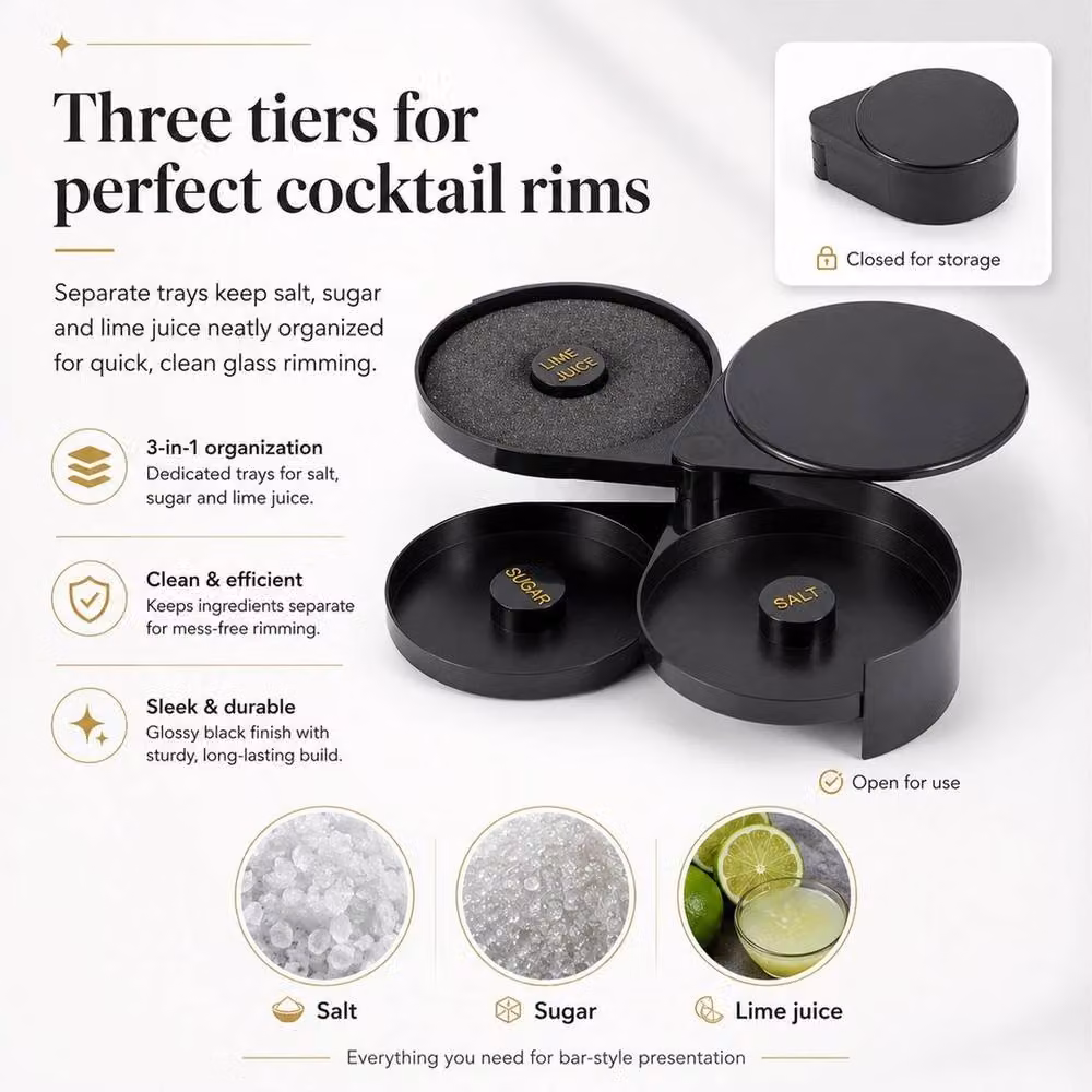 FLAVORA 3-Tier Rotating Bar Glass Rimmer Bartender Tray, Black, W: 100 cm, D: 60 cm – 3