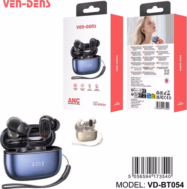 Ven Den True Wireless Bluetooth 5.4 Stereo Earphones with Lanyard, Black