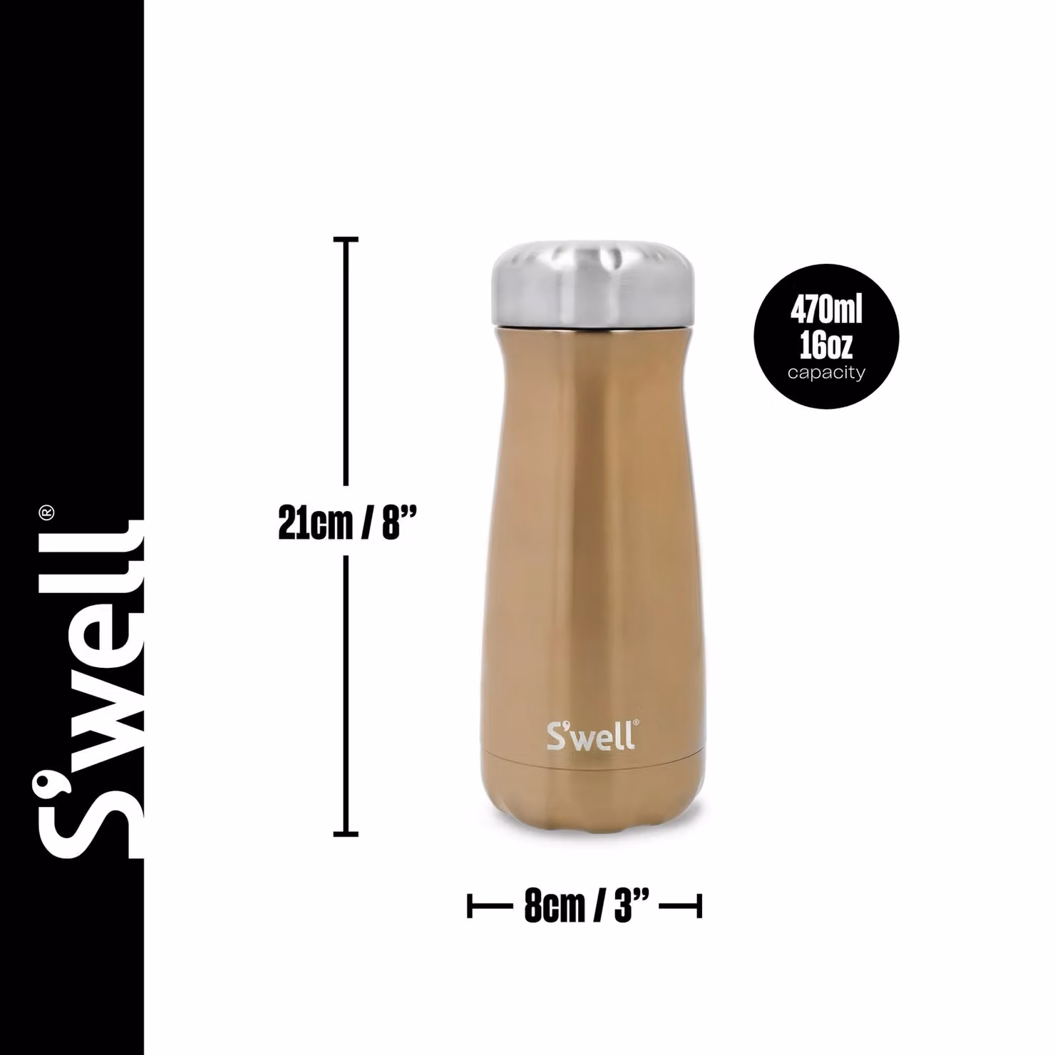 S'well Pyrite Traveler Vacuum Insulated Stainless Steel Water Bottle, Gold, 470ml – 3