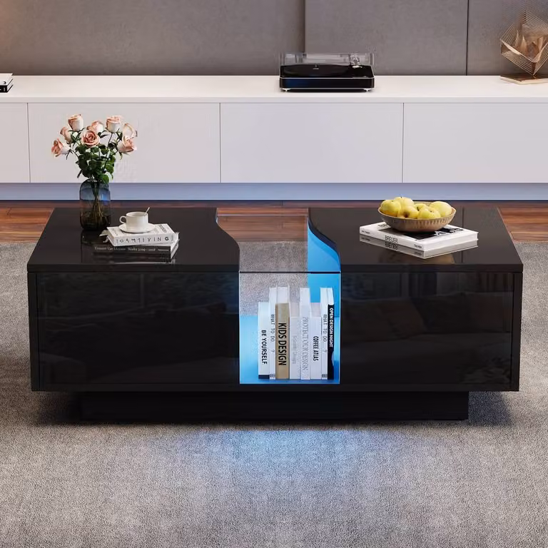 STILVORA Modern Glossy Black Coffee Table with 2 Drawers and LED Lights