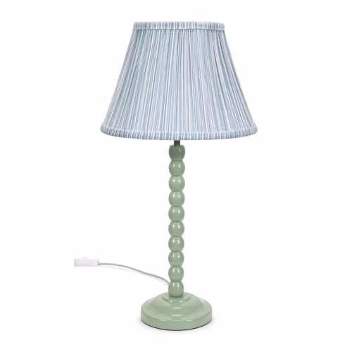 ValueLights Sage Green Bobbin Stem Table Lamp with Blue Pleated Fabric Shade and LED Bulb
